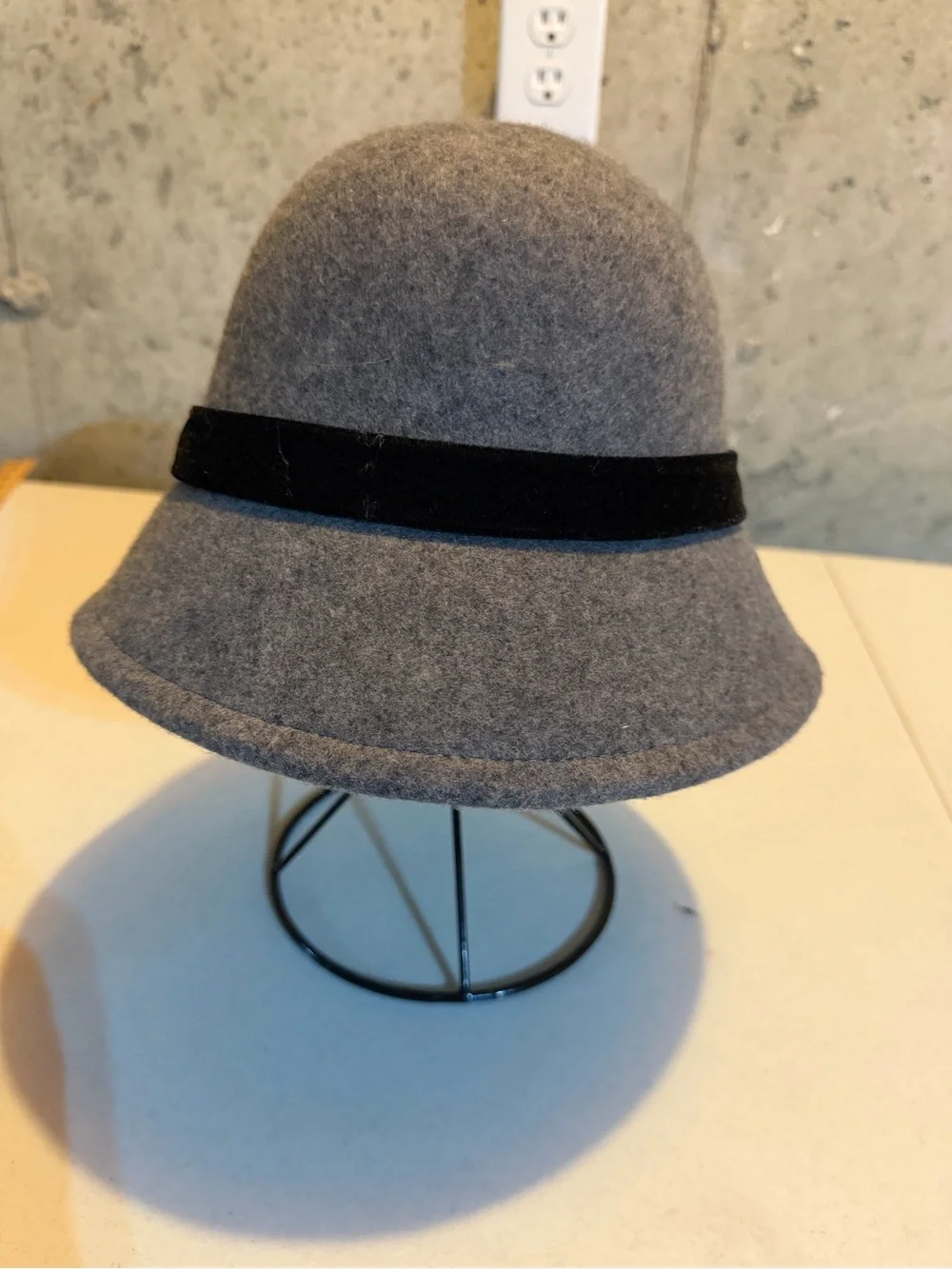 Nine West Grey Wool Cloche Hat with Black Velvet Band